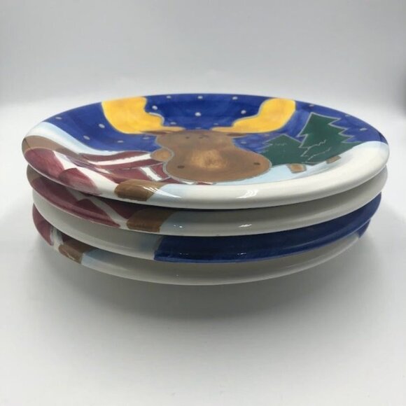 Vintage St. Nicholas Square Ceramic Set of 4 Plates 1999 Reindeer Christmas - Picture 6 of 11